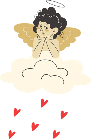 Cupid sits on cloud from which magical rain of red hearts falls  Illustration