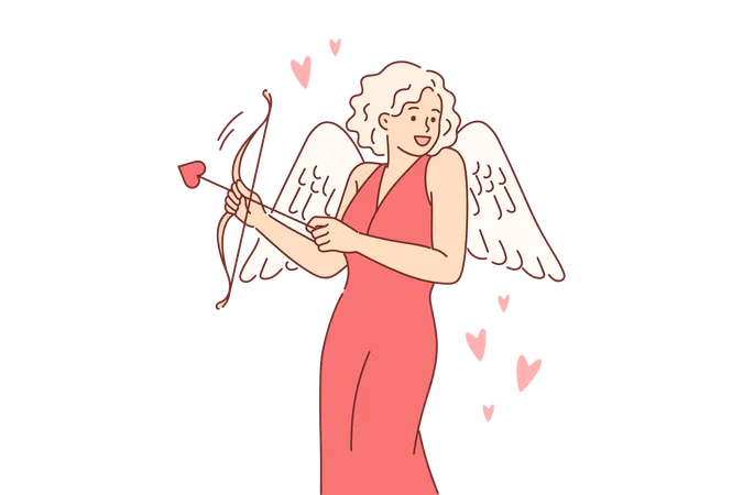 Cupid Woman Dressed Up With Wings For Valentine Day Uses With Arrow And Bow To Seduce Boyfriend Cupid Girl In Evening Dress Smiles And Looks Around In Search Of Groom For Romantic Relationship Illustration