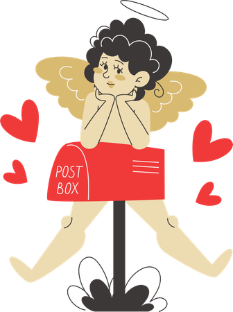 Cupido esperando na caixa de correio e pronto para entregar uma carta de amor  Ilustração