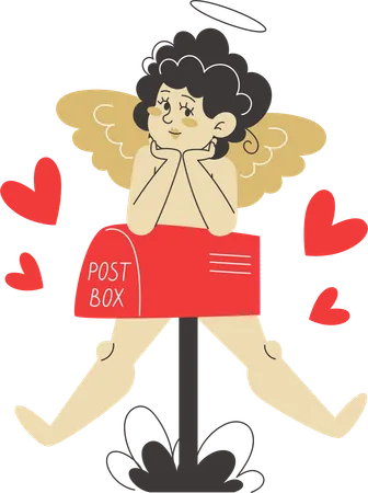 Cupido esperando na caixa de correio e pronto para entregar uma carta de amor  Ilustração