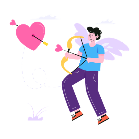 Cupido macho disparando una flecha a través del corazón  Ilustración