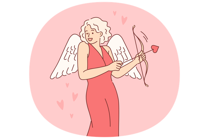 Mujer Cupido vestida con alas para el día de San Valentín usa una flecha y un arco para seducir a su novio.  Ilustración