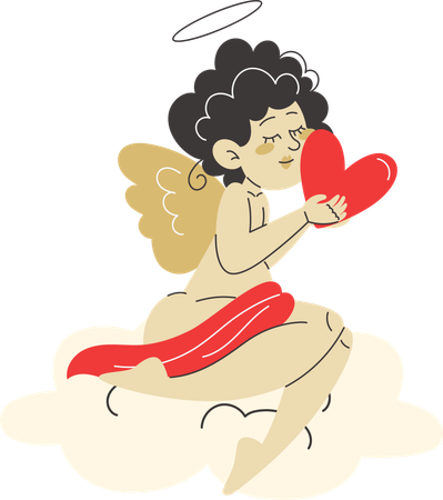 Cupido sentado en una nube y sosteniendo un corazón rojo en su mejilla  Ilustración