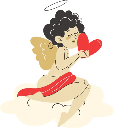 Cupido sentado en una nube y sosteniendo un corazón rojo en su mejilla  Ilustración