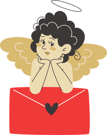 Cupido sentado sobre un sobre con una carta de amor para el día de San Valentín  Ilustración