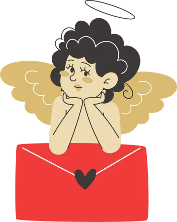 Cupido sentado sobre un sobre con una carta de amor para el día de San Valentín  Ilustración