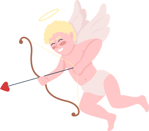 Cupido sonriente con arco y flechas.  Ilustración