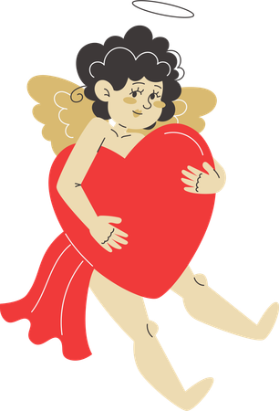 Cupido sosteniendo un gran corazón y difundiendo amor y afecto.  Ilustración