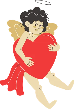 Cupido sosteniendo un gran corazón y difundiendo amor y afecto.  Ilustración