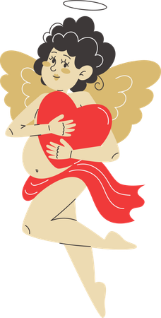 Cupidon serre un cœur rouge vif dans ses bras avec amour et affection  Illustration