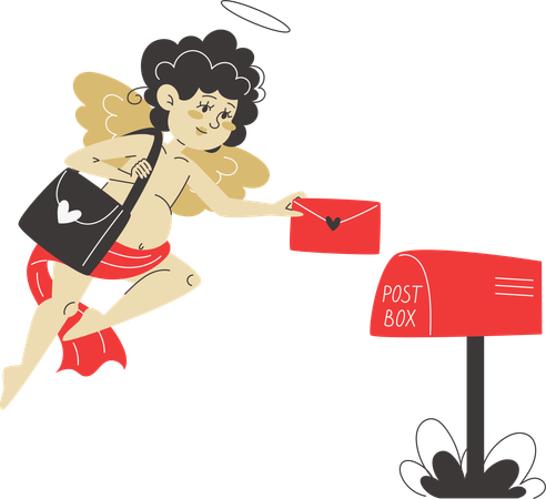 Cupidon livre une lettre d'amour dans une boîte aux lettres et répand l'affection à l'occasion de la Saint-Valentin  Illustration