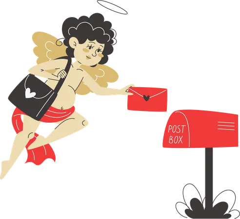 Cupidon livre une lettre d'amour dans une boîte aux lettres et répand l'affection à l'occasion de la Saint-Valentin  Illustration