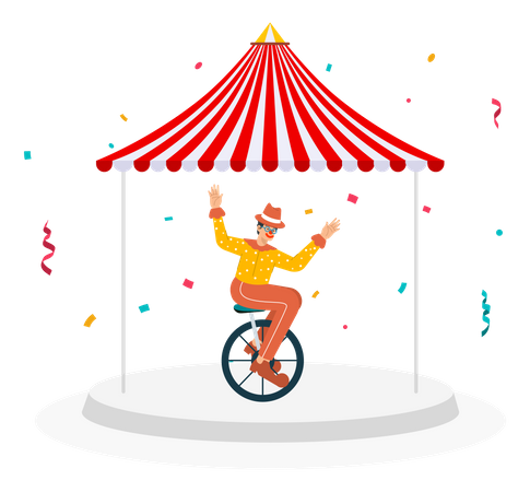 Coringa andando de bicicleta em uma roda no circo  Ilustração