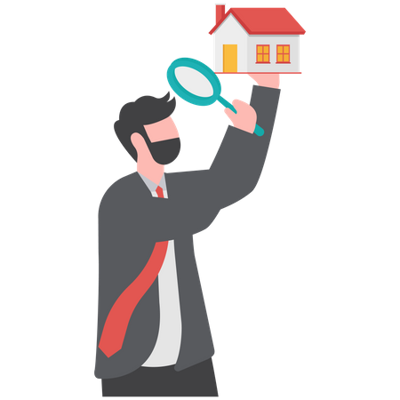 Curios businessman using magnifying glass to see house details  Illustration