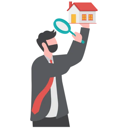 Curios businessman using magnifying glass to see house details  일러스트레이션