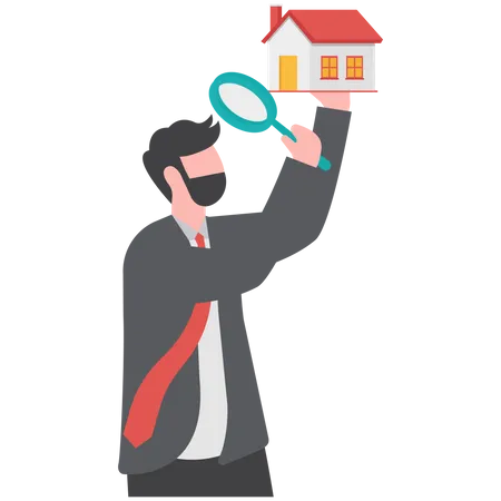 Curios businessman using magnifying glass to see house details  Illustration