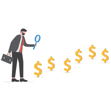 Curios businessman with magnifier inspect and follow money trail  Illustration