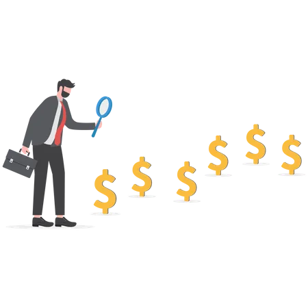 Curios businessman with magnifier inspect and follow money trail  Illustration