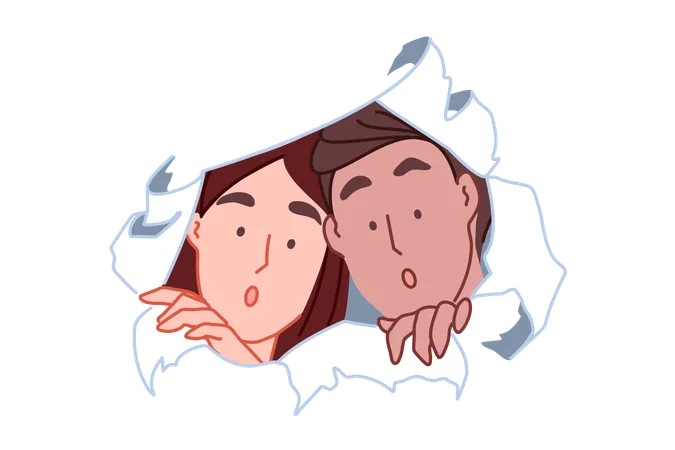 Curiosity And Discovery Concept Shocked Couple Peeking Through Torn Paper Hole Spying Woman And Man Surprised Girl And Boy Looking Through Wall Emotional Reaction Simple Flat Vector Illustration