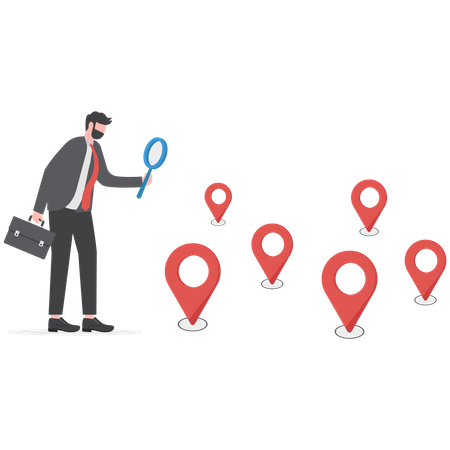 Pesquisa curiosa de empresário com lupa com pino de localização no mapa  Ilustração