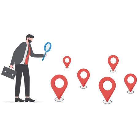 Pesquisa curiosa de empresário com lupa com pino de localização no mapa  Ilustração