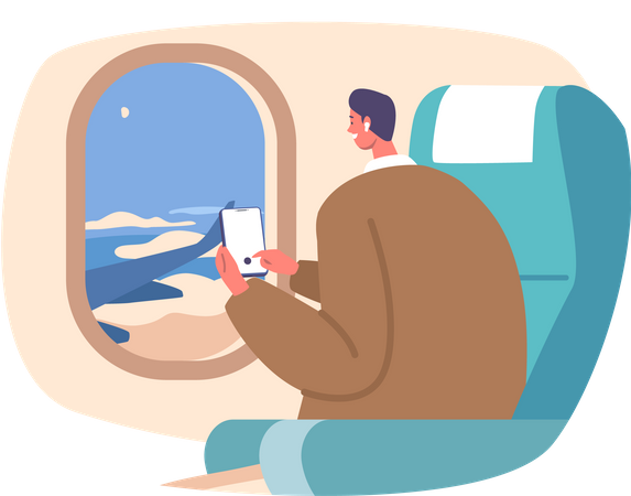 Curioso personaje masculino mira a través de la ventana del avión  Ilustración