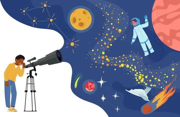 Little Curious Boy Look In Telescope Child Studying Astronomy Watching On Moon Stars Planets In Sky With Milky Way Shuttle And Astronaut Science Space Observation Cartoon Vector Illustration イラスト
