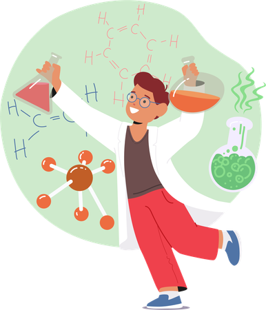 Curious Boy Passionately Delves Into Chemistry Experiments  Illustration