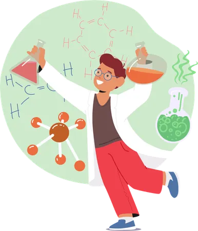Curious Boy Passionately Delves Into Chemistry Experiments Little Student Character Mixing Colorful Liquids And Observing Reactions With Enthusiasm And Wonder Cartoon People Vector Illustration Illustration