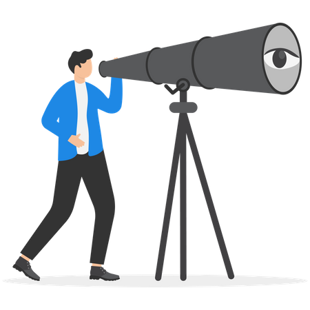 Curious businessman look through binoculars with big eyes  Illustration