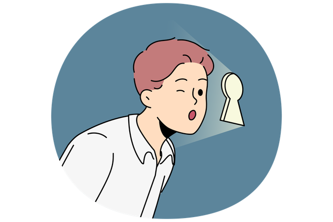 Curious businessman looking through keyhole while wanting to find out corporate secrets competitors  Illustration