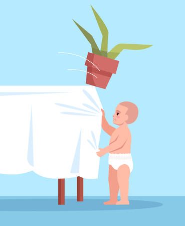 Curious child pulls tablecloth with flower  Illustration