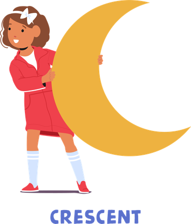 Curious Kid Girl Holds A Crescent Shape  Illustration
