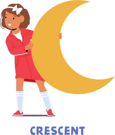Curious Kid Girl Holds A Crescent Shape  Illustration