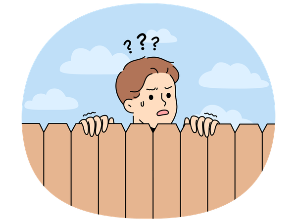 Curious neighbor looks over fence to find out what is happening on street or to spy  Illustration