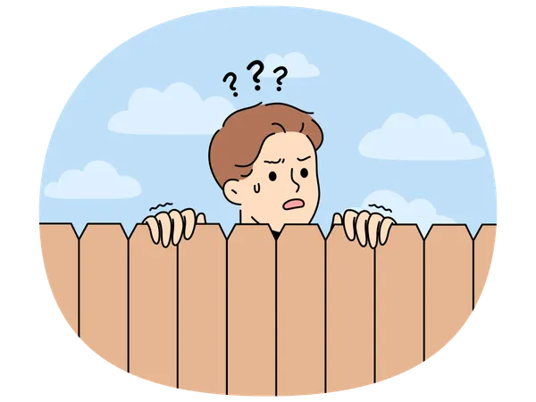 Curious neighbor looks over fence to find out what is happening on street or to spy  Illustration