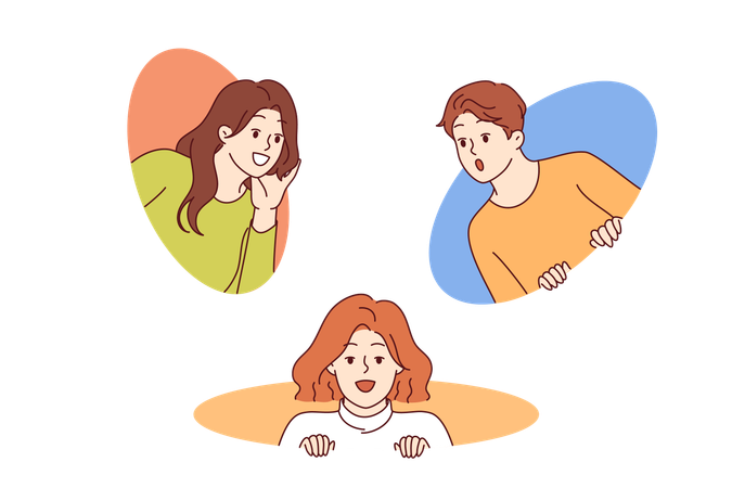 Curious people exchange opinions and are surprised by unexpected rumor peeking out of round holes  Illustration