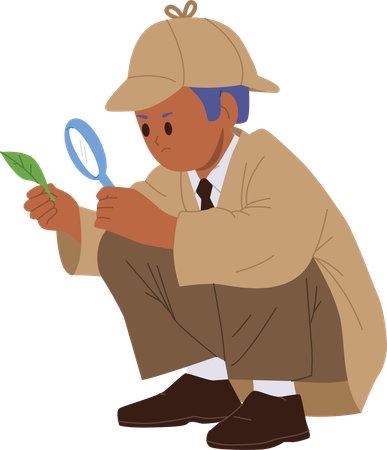 Curious smart boy child detective looking through magnifying glass at green leaf  Illustration