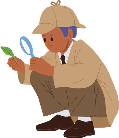 Curious smart boy child detective looking through magnifying glass at green leaf  Illustration