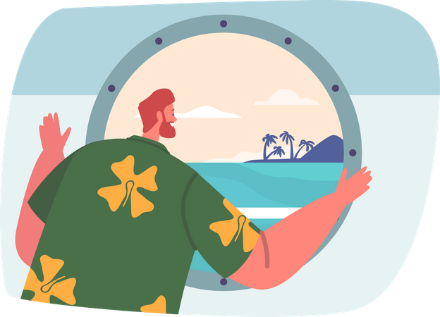 Curious Traveler Male Character Gazes Through The Ship Window  Illustration