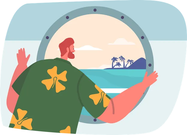 Curious Traveler Male Character Gazes Through The Ship Window  Illustration