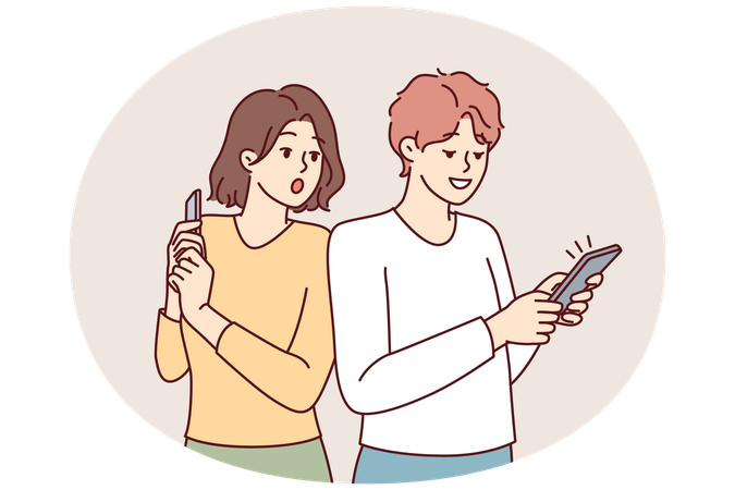 Curious woman looking at boyfriend phone spying on social media correspondence  Illustration