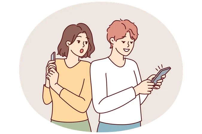 Curious woman looking at boyfriend phone spying on social media correspondence  Illustration