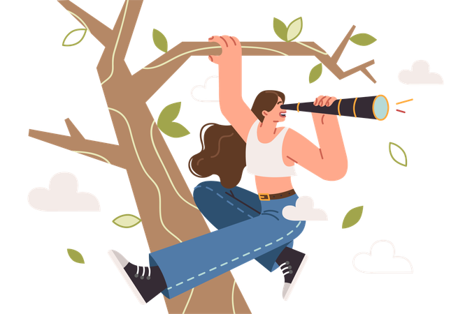 Curious woman looks through telescope climbing tree  Illustration