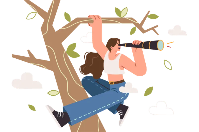Curious Woman Looks Through Telescope Climbing Tree Spying On Neighbors Or Looking For Shortest Way Home Curious Girl In Casual Clothes Dreams Of Going On Hike And Finding Adventures Illustration