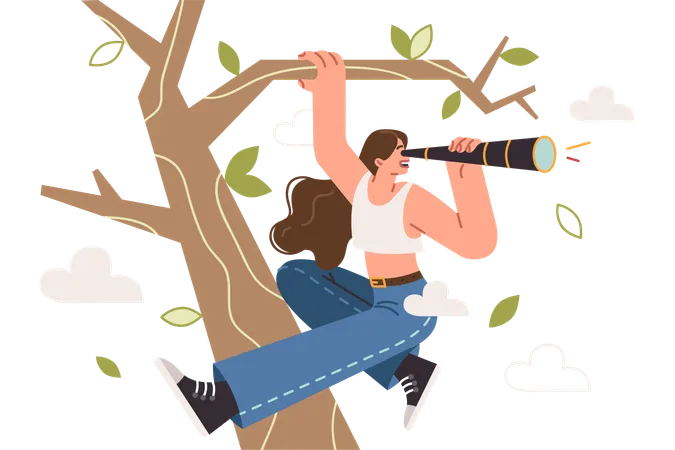 Curious woman looks through telescope climbing tree  Illustration