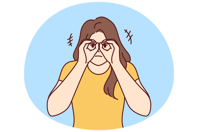 双眼鏡の代わりに手を使う好奇心旺盛な女性は、他人の秘密を知りたがっている  イラスト