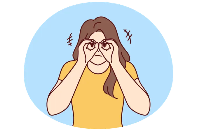 双眼鏡の代わりに手を使う好奇心旺盛な女性は、他人の秘密を知りたがっている  イラスト
