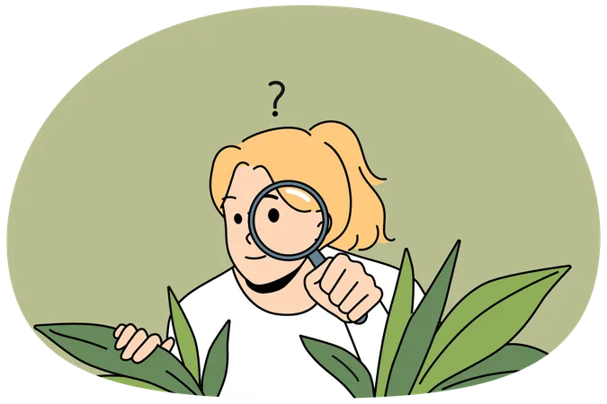 虫眼鏡を持った好奇心旺盛な女性が茂みに隠れている  イラスト
