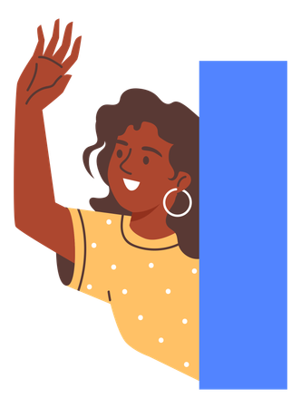 Curious young girl happily waves her hand and looks around the corner  Illustration